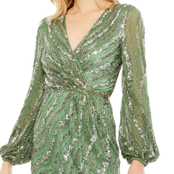 MAC DUGGAL 5573 EMBELLISHED LONG SLEEVE SAGE MIDI DRESS sz 2 - Picture 2 of 3